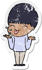 distressed sticker of a cartoon boy sticking out tongue