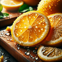 Macro shot of sliced lemons with shiny water drops perfect for cooking promotion
