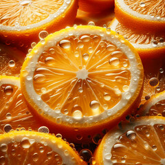 Macro shot of sliced lemons with shiny water drops perfect for cooking promotion