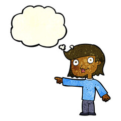 cartoon pointing person with thought bubble