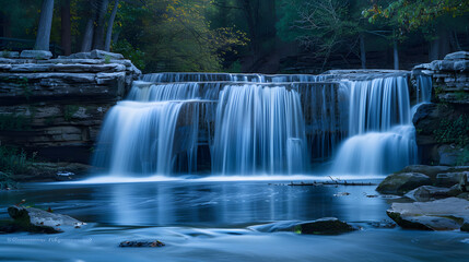 Twilight Cascade: Serene Shot Illuminating Waterfall with Soft, Ambient Light