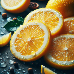 Macro shot of sliced lemons with shiny water drops perfect for cooking promotion