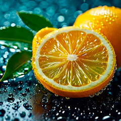 Macro shot of sliced lemons with shiny water drops perfect for cooking promotion