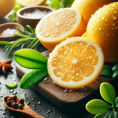 Macro shot of sliced lemons with shiny water drops perfect for cooking promotion