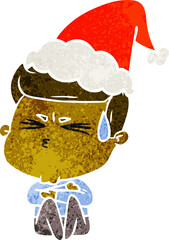 retro cartoon of a man sweating wearing santa hat