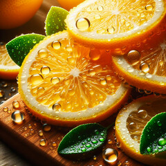 Macro shot of sliced lemons with shiny water drops perfect for cooking promotion