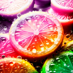 Macro shot of sliced lemons with shiny water drops perfect for cooking promotion