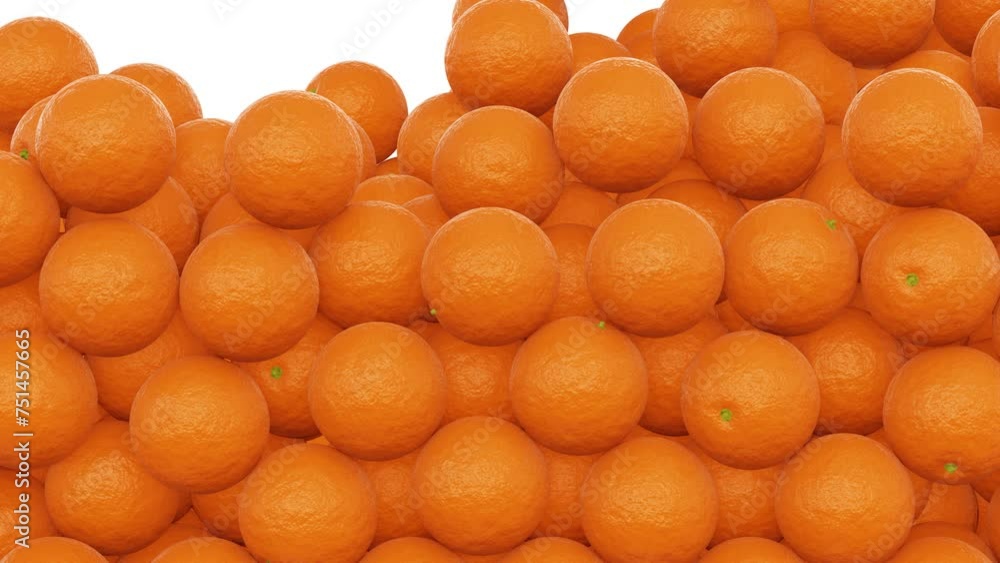Poster realistic 3d animation of the fresh ripe tangerines or mandarins falling from the top filling up the