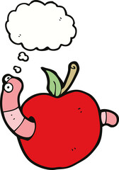cartoon worm in apple with thought bubble