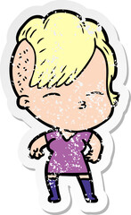 distressed sticker of a cartoon squinting girl