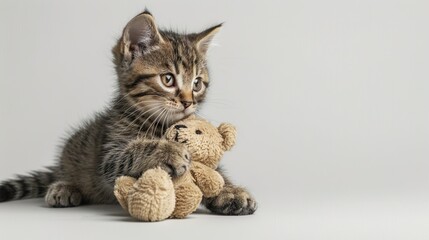 Obraz premium whisker cuddles: a tabby kitten's tender moments with its plush friend
