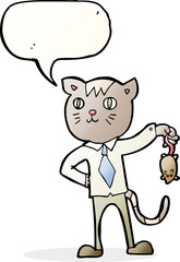 cartoon business cat with dead mouse with speech bubble