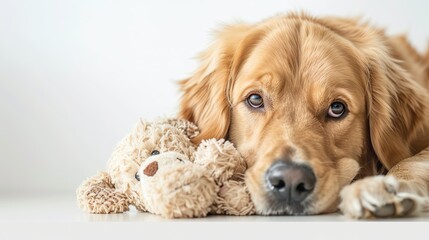 golden retriever lying with teddy bear, looking at camera