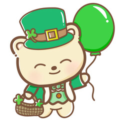 Handdrawn watercolor illustration clipart of Kawaii Bear St'Patricks Day birthday Floral arrangements greeting cards wedding invitation Party Irish