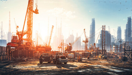 Construction site with cranes and building under construction. 3d rendering - obrazy, fototapety, plakaty