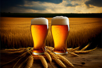 Two mugs of beer on the background of a field of wheat. AI generated.