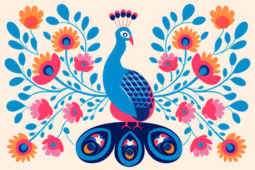 Blue and Pink Peacock Surrounded by Flowers. Generative AI.