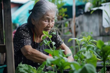 A serene image capturing a grandmother tending to her garden with love and care