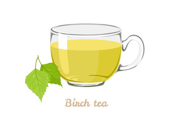 Birch leaf tea in transparent glass cup. Vector cartoon illustration of herbal tea.