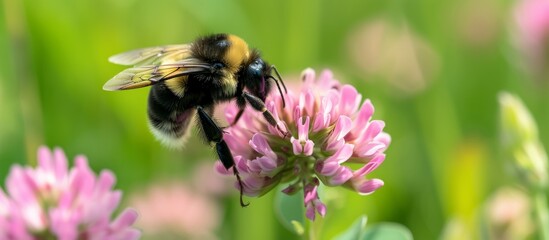 Beautiful bee gathering nectar on a colorful flower in a garden during a bright sunny day