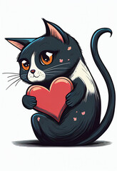 Cute cat holding a heart in its paws - postcard for Valentine's Dayt. AI generated
