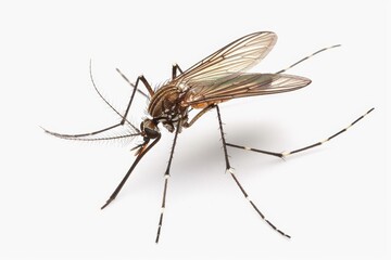 Mosquito Isolated on White Background. Close-up of a single mosquito against a white backdrop, featuring intricate details and anatomy.