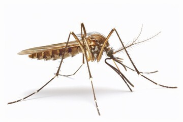 Mosquito Isolated on White Background. Close-up of a single mosquito against a white backdrop, featuring intricate details and anatomy.