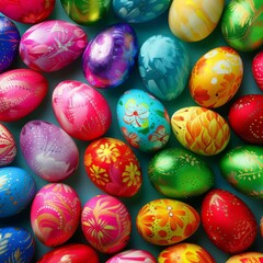 Fototapeta na wymiar Colorful Easter Eggs Background, Decorative Egg Pattern, Happy Easter Mockup with Copy Space