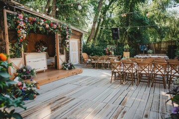 A wedding reception is taking place in a garden with a wooden pavilion