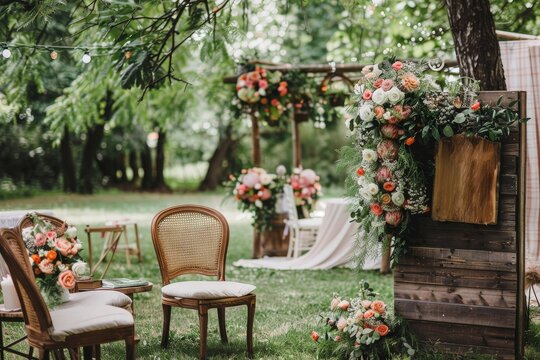 A beautiful outdoor wedding scene with a wooden archway and floral decorations