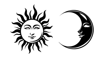 sun and moon crescent with face, mystical symbols of astrology, zodiac, esotericism. Vector line art illustration isolated on white background.