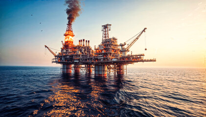Oil and gas platform in the sea at sunset. Oil and gas industry and hard work. - obrazy, fototapety, plakaty