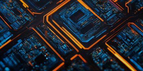 Futuristische orangefarbene Schaltkreis-Kunst – Detailreiche Technologie