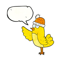 speech bubble textured cartoon bird wearing hat