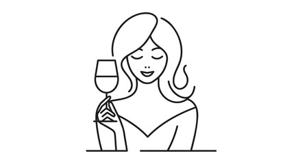 Girl holds wine or champagne from a glass. one line. Linear art vector illustration on white background