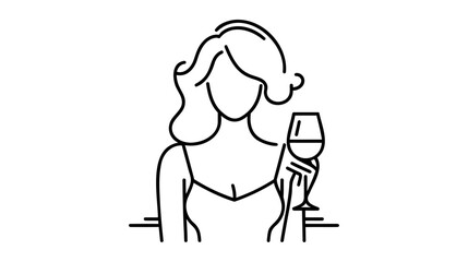 Girl holds wine or champagne from a glass. one line. Linear art vector illustration on white background
