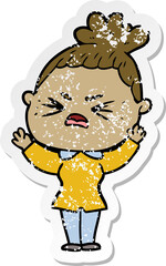 distressed sticker of a cartoon angry woman