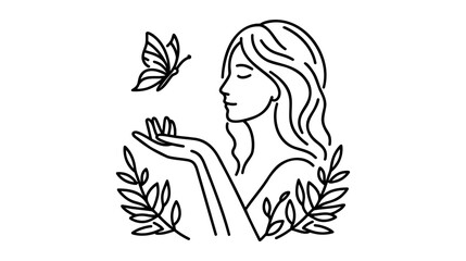 woman holds butterfly near face vector illustration on white background