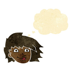 cartoon female face with thought bubble