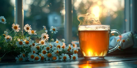 Zelfklevend Fotobehang A cup with hot chamomile tea in the background of the window © Alina Zavhorodnii