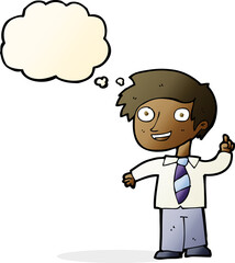 cartoon school boy with idea with thought bubble