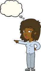 cartoon woman pointing with thought bubble