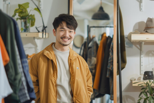 Young happy asian man chooses clothing and looking himself in mirror at home
