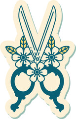 tattoo style sticker of a barber scissors and flowers