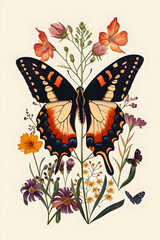 Fototapeta na wymiar Vintage Butterfly and Summer Flowers Illustration, Symmetrical Design