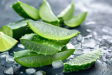 Aloe Vera Slices. Freshly cut pieces of aloe vera plant, known for its soothing and healing properties, isolated on a white background.