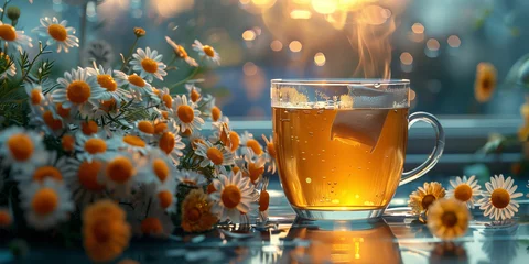 Deurstickers A cup with hot chamomile tea in the background of the window © Alina Zavhorodnii