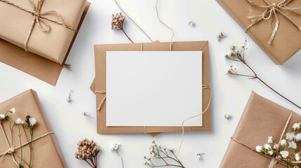 Mockup, an empty rectangle handmade card for Valentines Day, blank page with watercolor frame, product photo, hyper realistic, flat lay ​