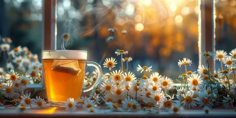Foto op Aluminium A cup with hot chamomile tea in the background of the window © Alina Zavhorodnii