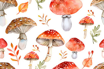 Seamless pattern with watercolor fly agaric mushrooms